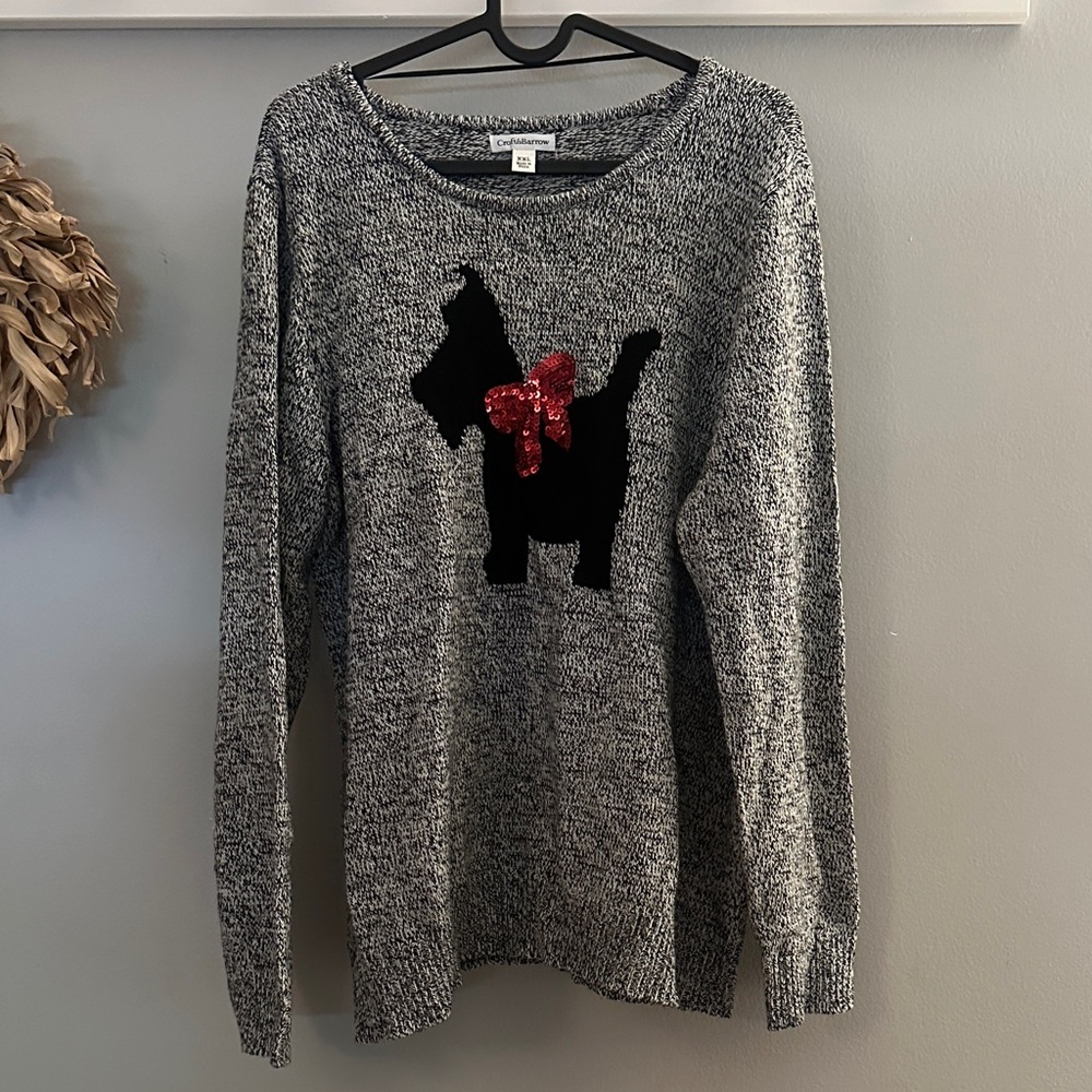 Croft & Barrow Gray Sweater with Black Dog and Red Bow